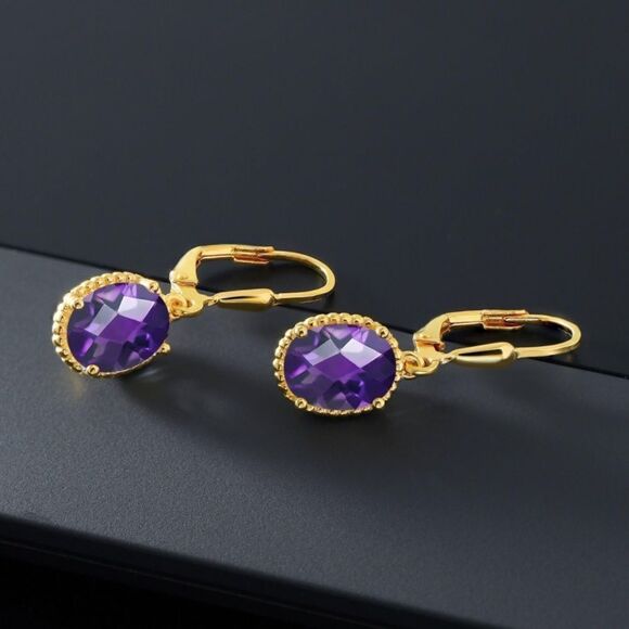 18K Yellow Gold 925 with 3.20 Cttw Amethyst Oval Leverback Hook Earrings - Picture 2 of 4